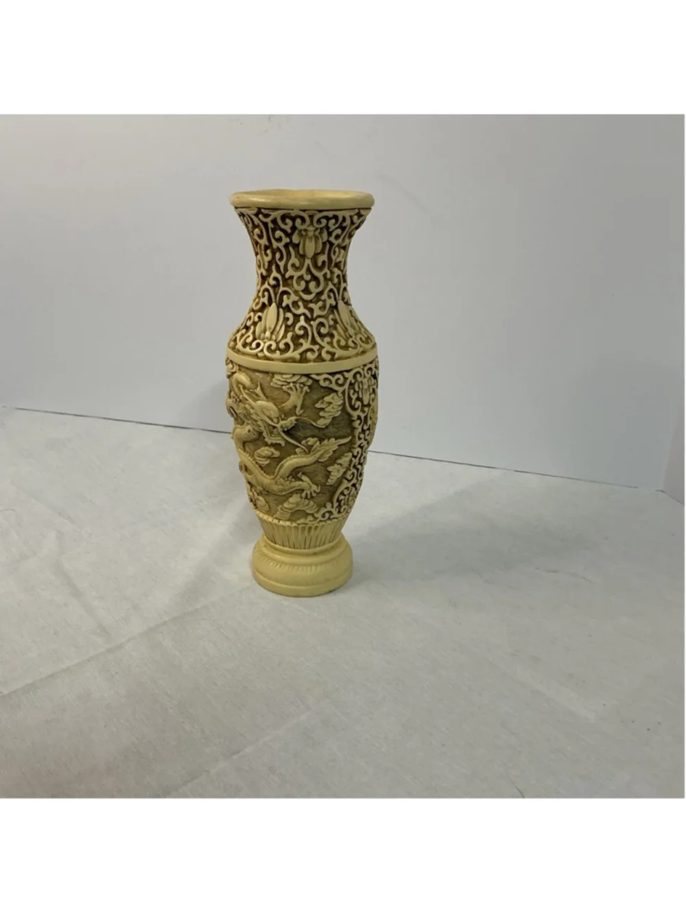 Vintage Resin Chinese Dragon Vase - faux-soapstone look 8.5in tall